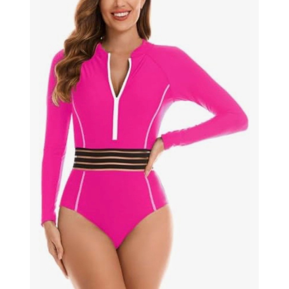 NESY One Piece Swimsuit Women XL Pink New Rash Guard Mesh Long